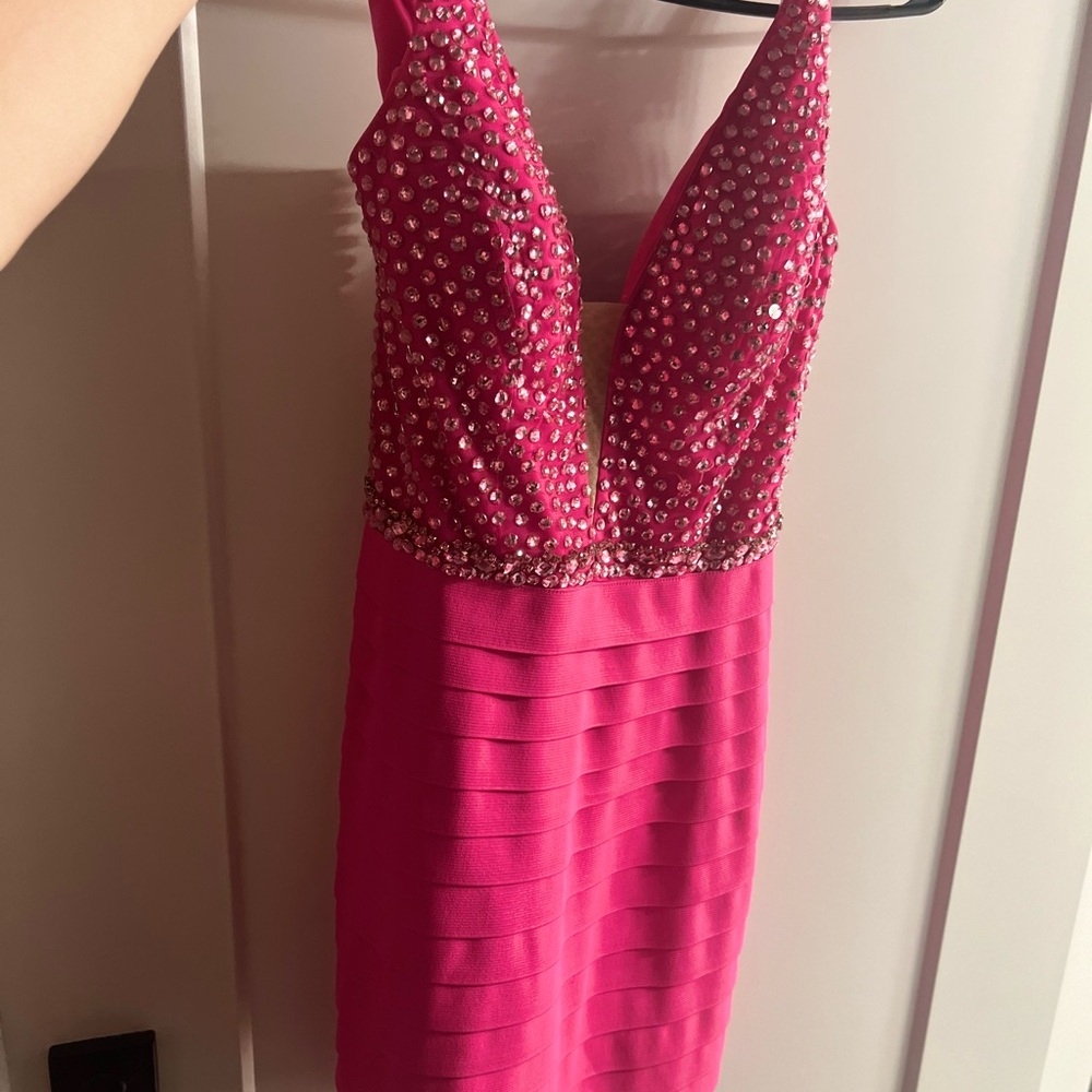 Sherri Hill Fuchsia Beaded Deep V Cocktail Dress